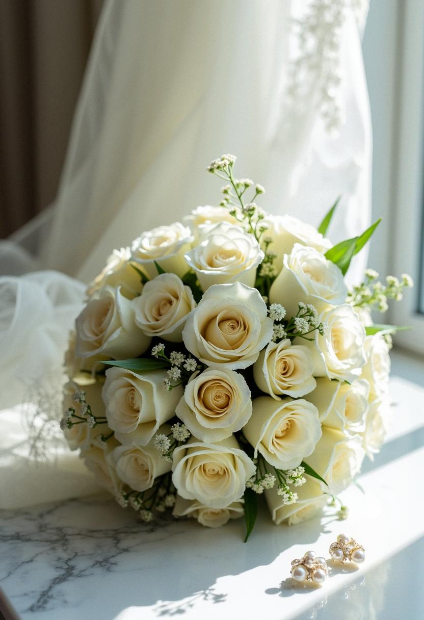 white roses bridal bouquet